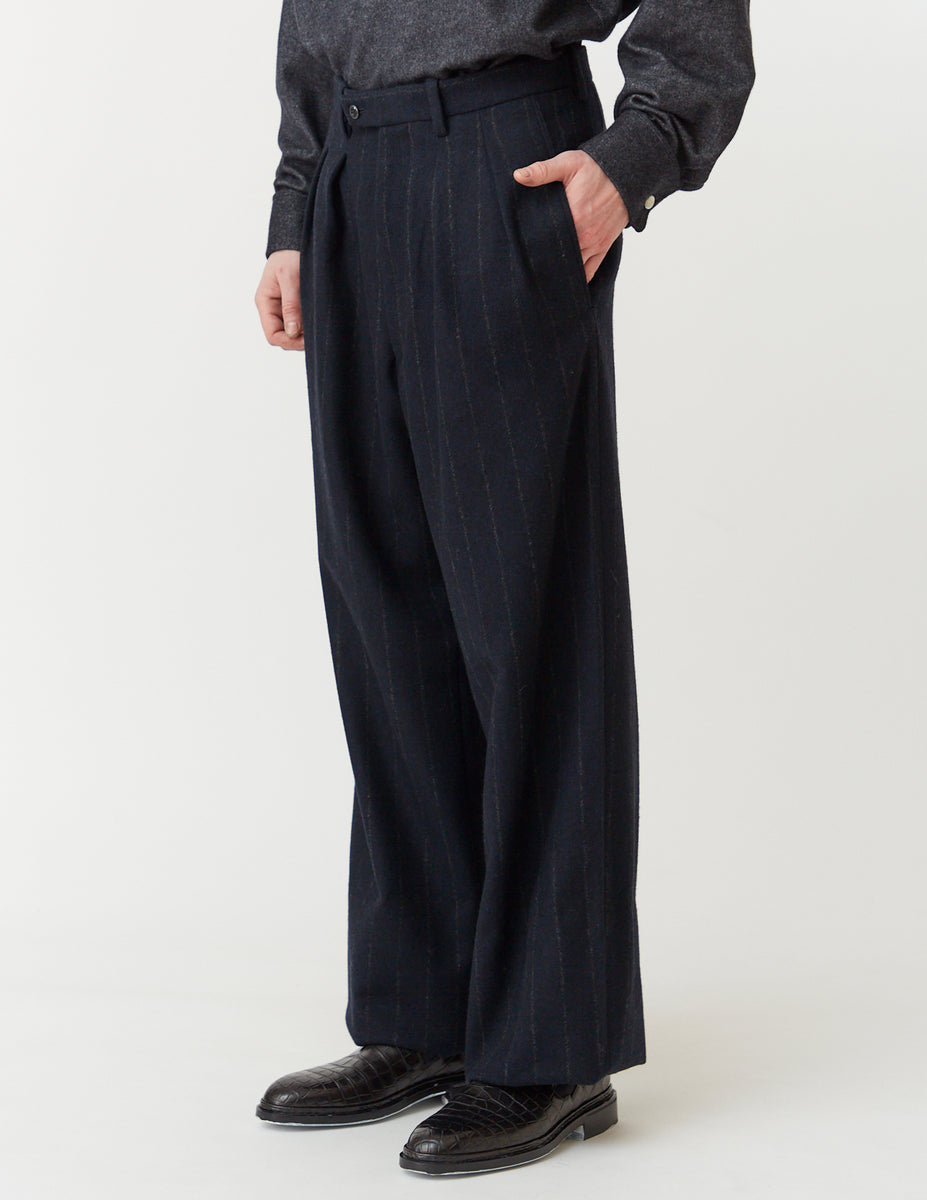m's braque TUCKED BAGGY PANTS ストライプ　別注 TUCKED WIDE PANTS navy x stripe – m's braque
