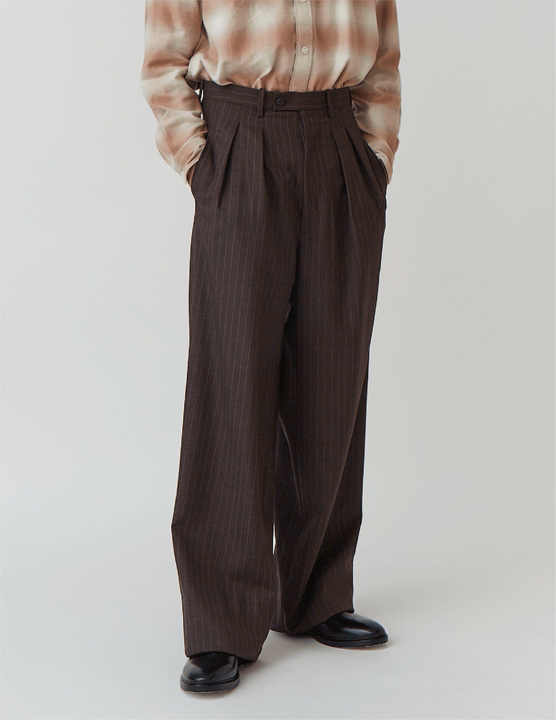 2-IN-TUCKED WIDE DRESS PANTS brown stripe