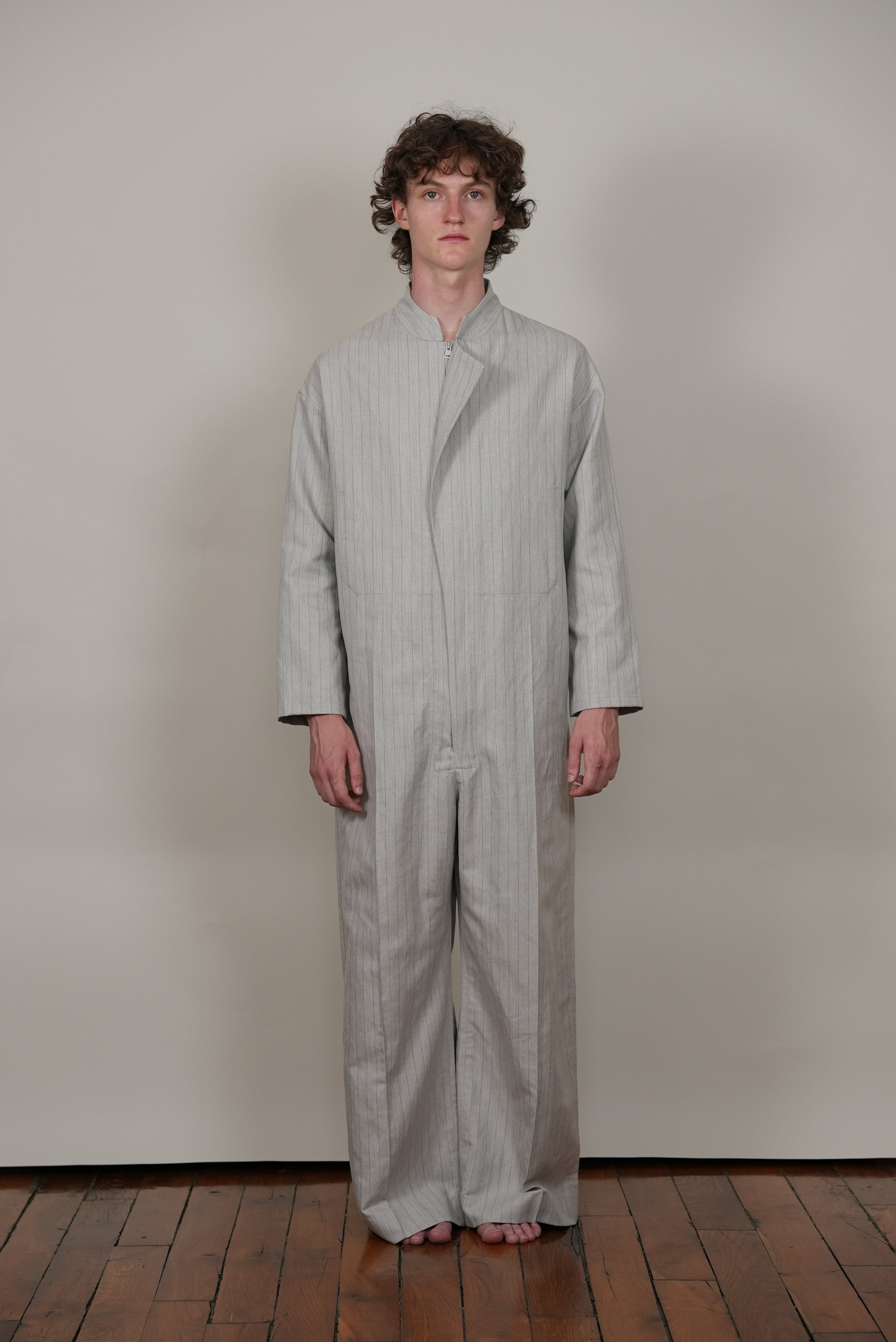 FLY FRONT JUMPSUIT grey stripe