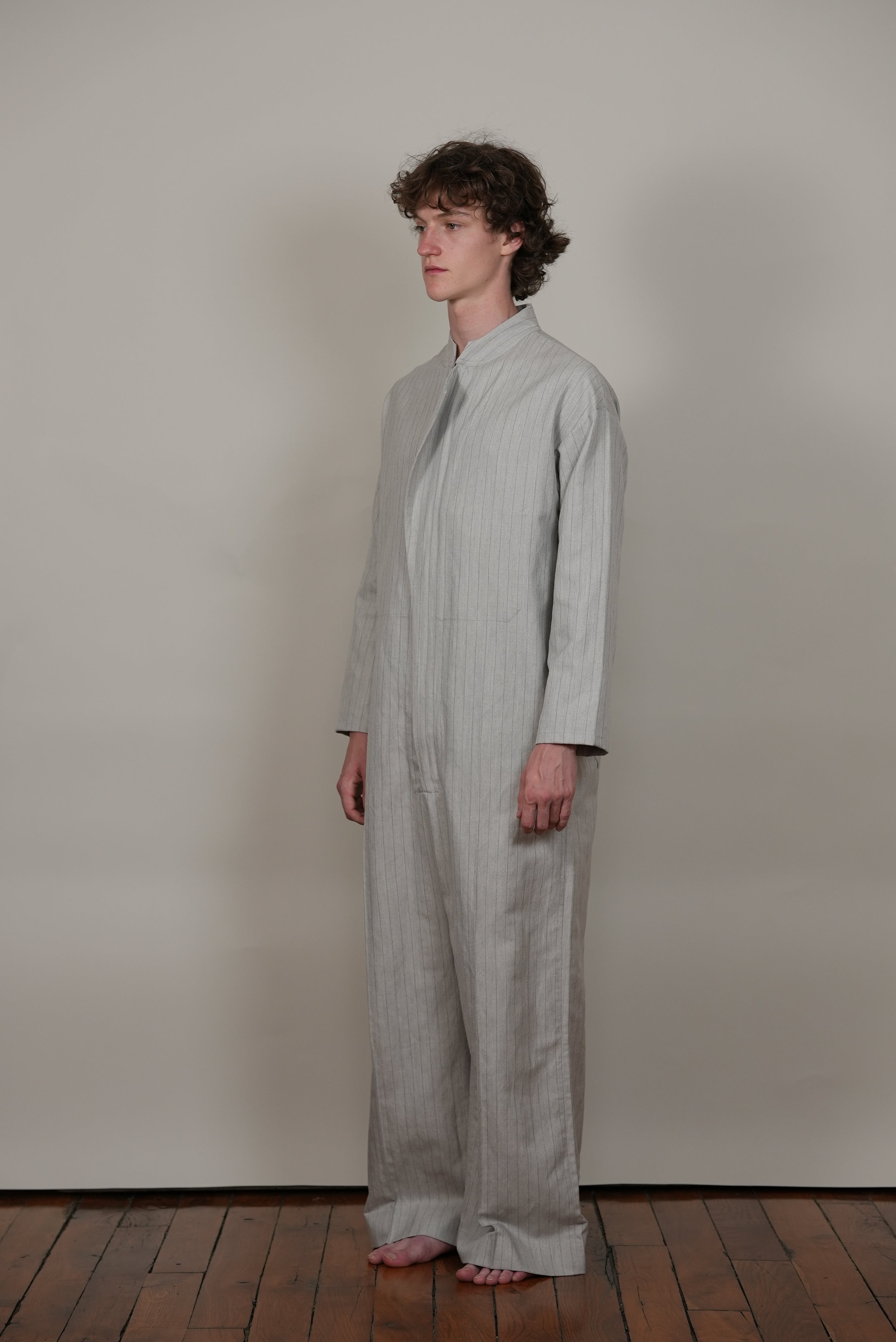 FLY FRONT JUMPSUIT grey stripe