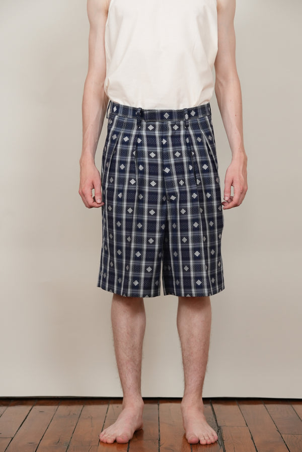 TUCKED DRESS SHORTS check jacquard navy/brown