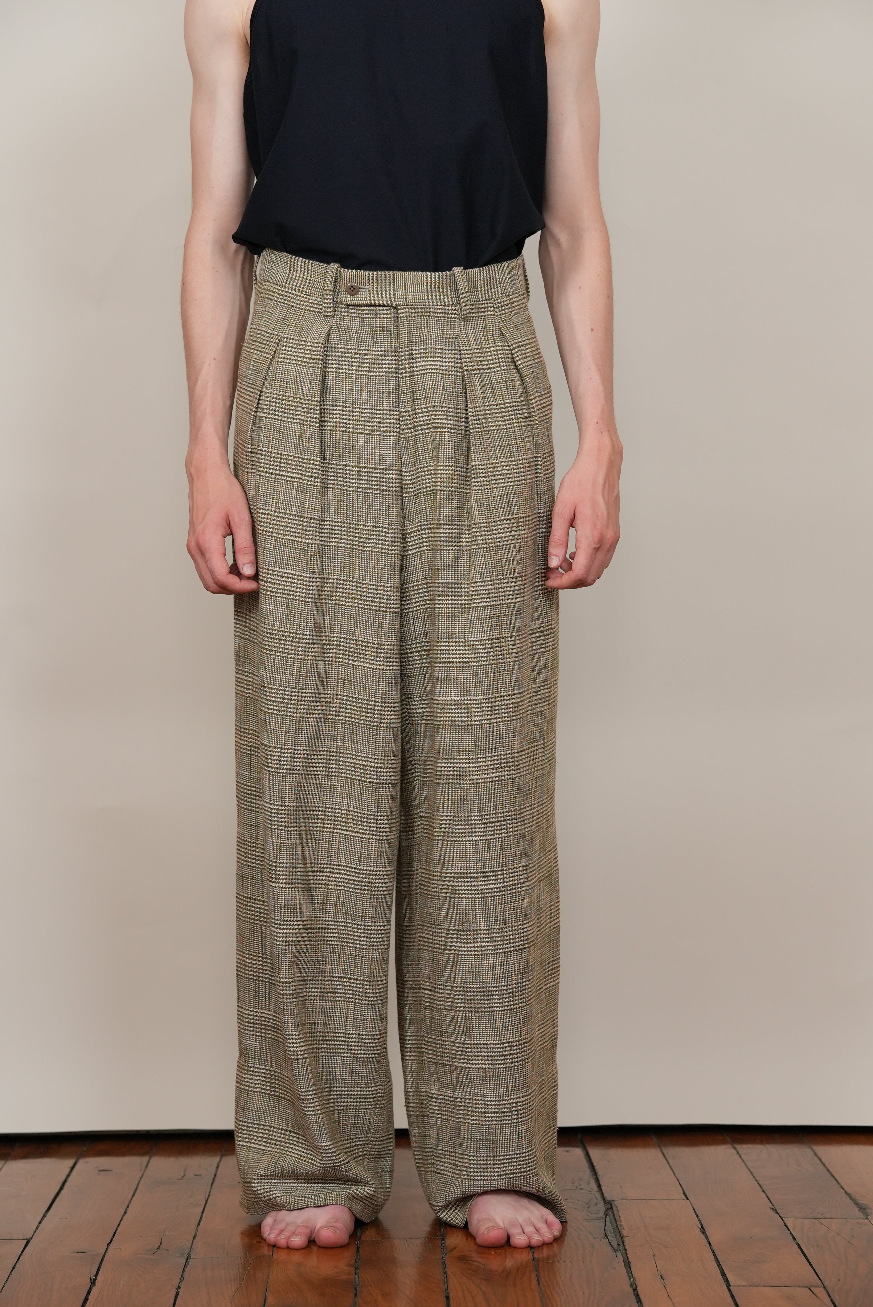 2-IN-TUCKED WIDE DRESS PANTS khaki check