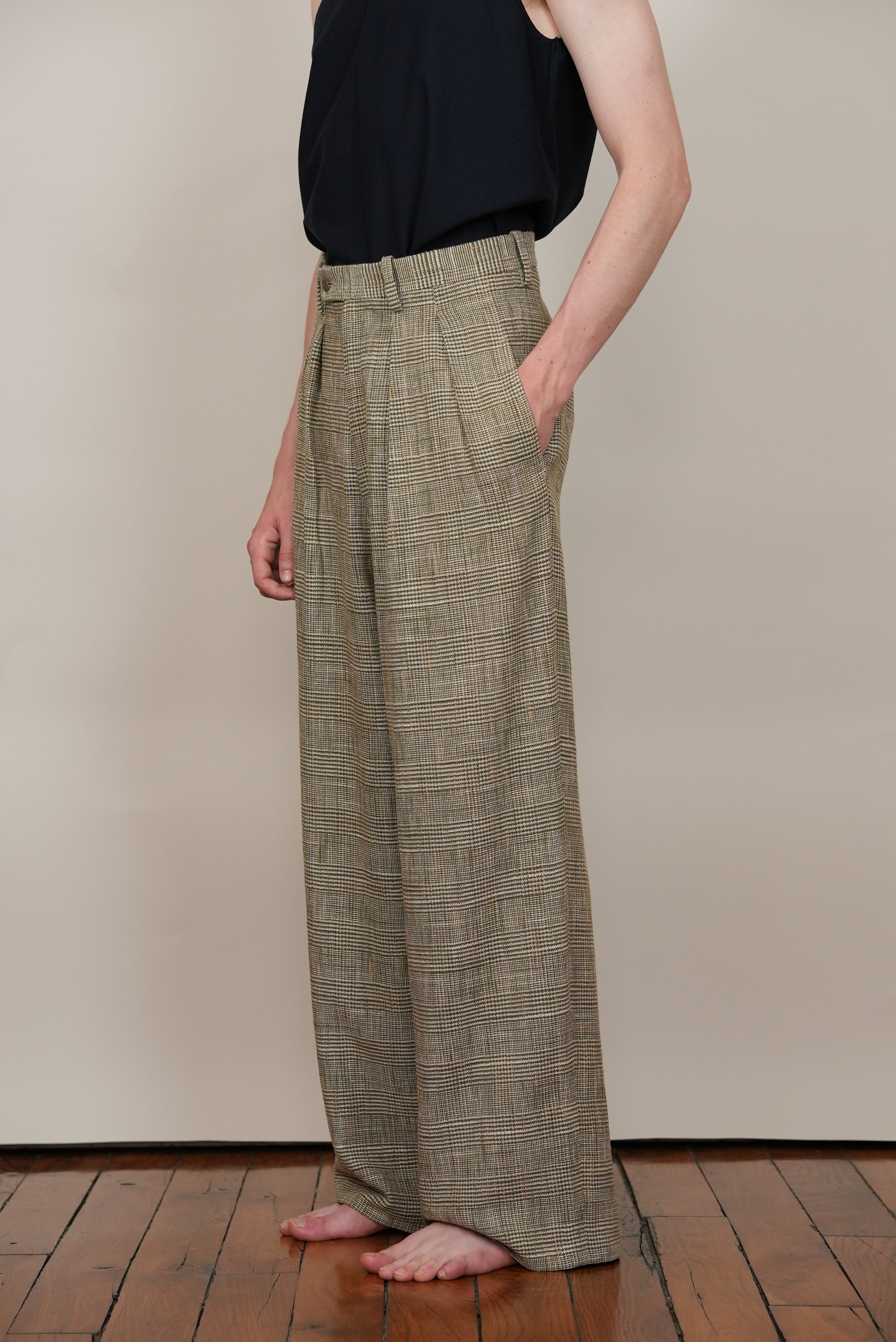 2-IN-TUCKED WIDE DRESS PANTS khaki check