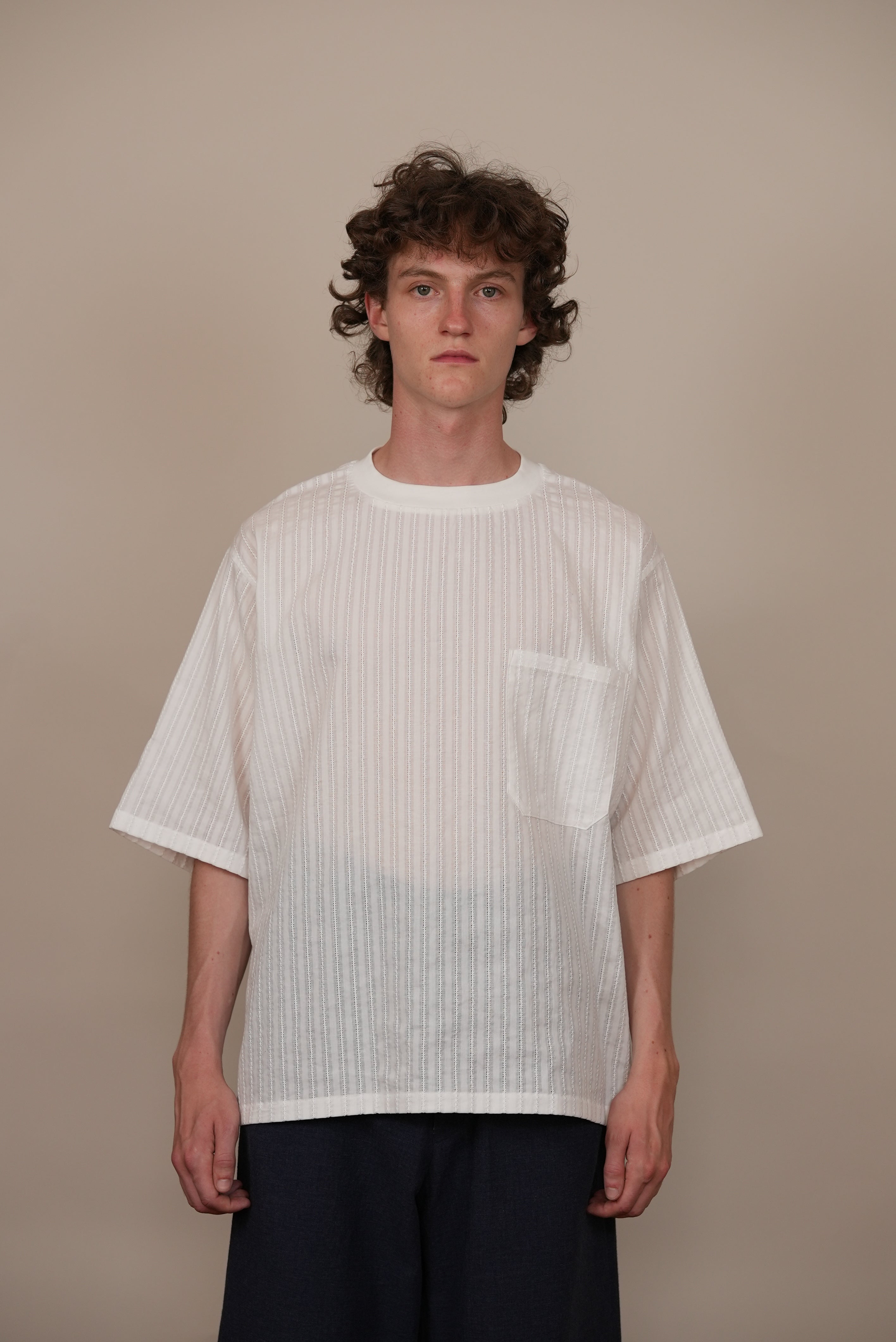 Ribbed Collar T-Shirt white stripe