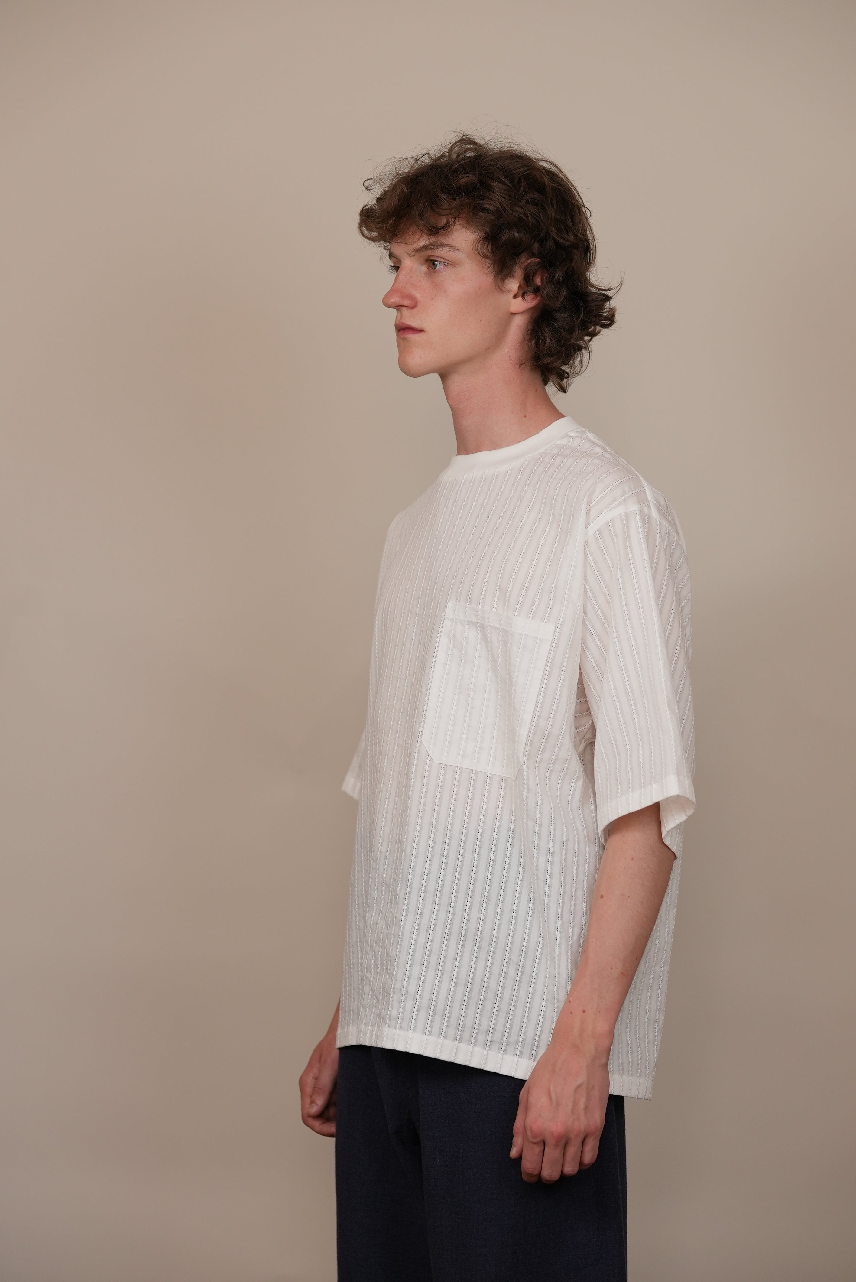 Ribbed Collar T-Shirt white stripe
