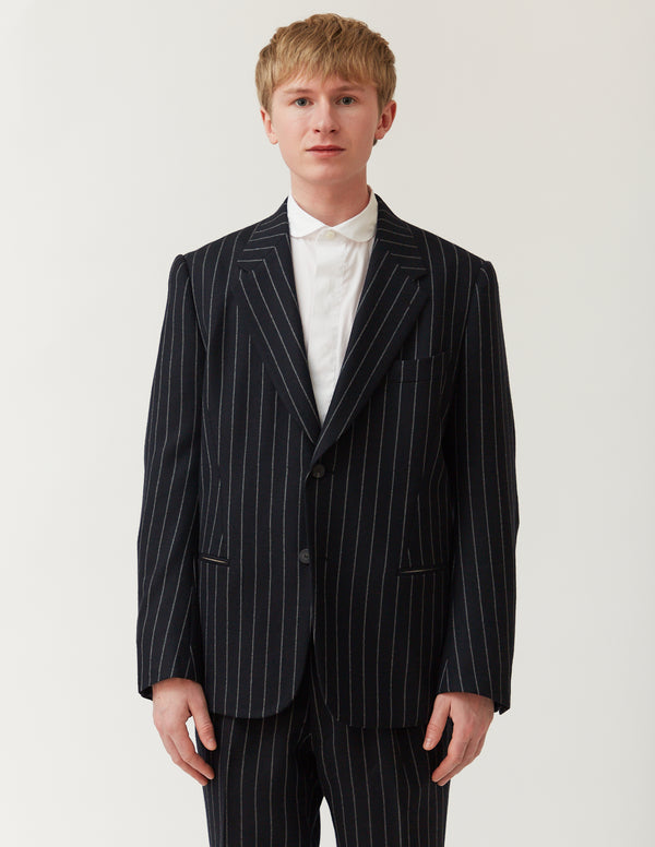 NO SIDE SEAM FISH-MOUTH-LAPEL JACKET -navy stripe-