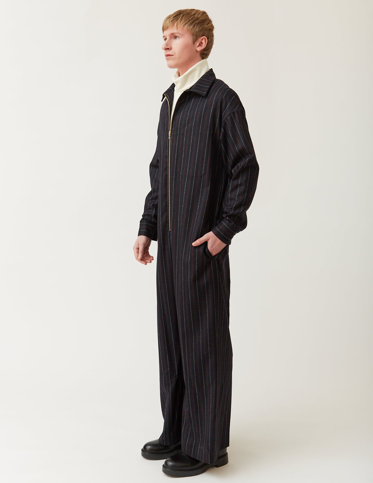 Collared & Cuffed Jumpsuit navy x white & red pinstripe