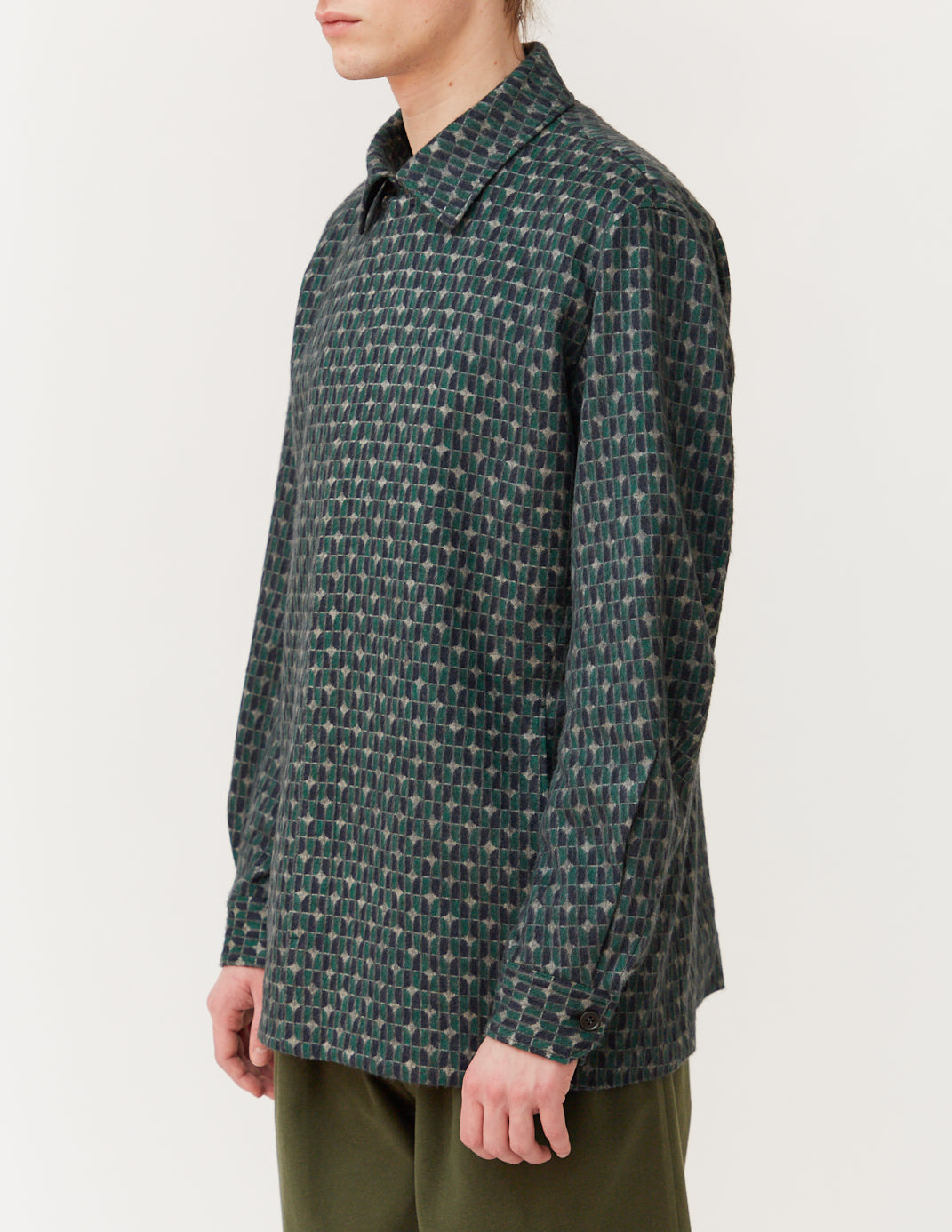 FLY FRONT FULLY LINED SHIRT green x violet panel pattern