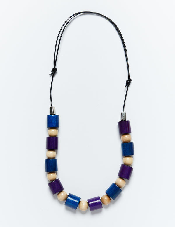 Wood Beads x Metal Necklace -blue&violet x natural-