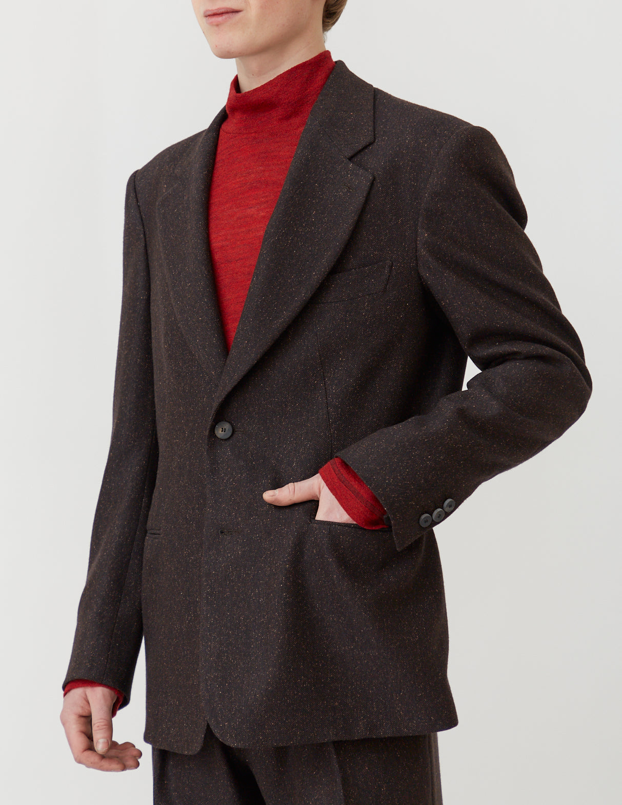FISH-MOUTH-LAPEL JACKET mix brown herringbone