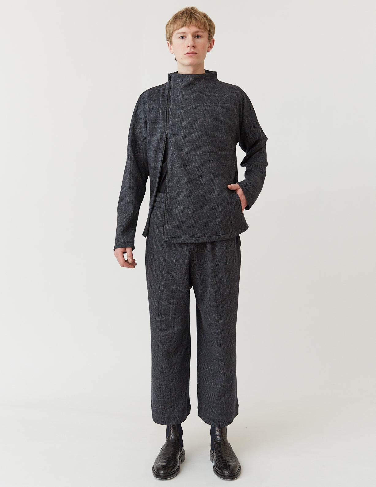 Asymmetry Zip Cardigan grey blue plaid