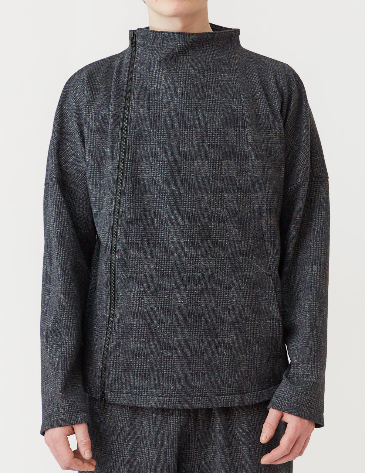 Asymmetry Zip Cardigan grey blue plaid