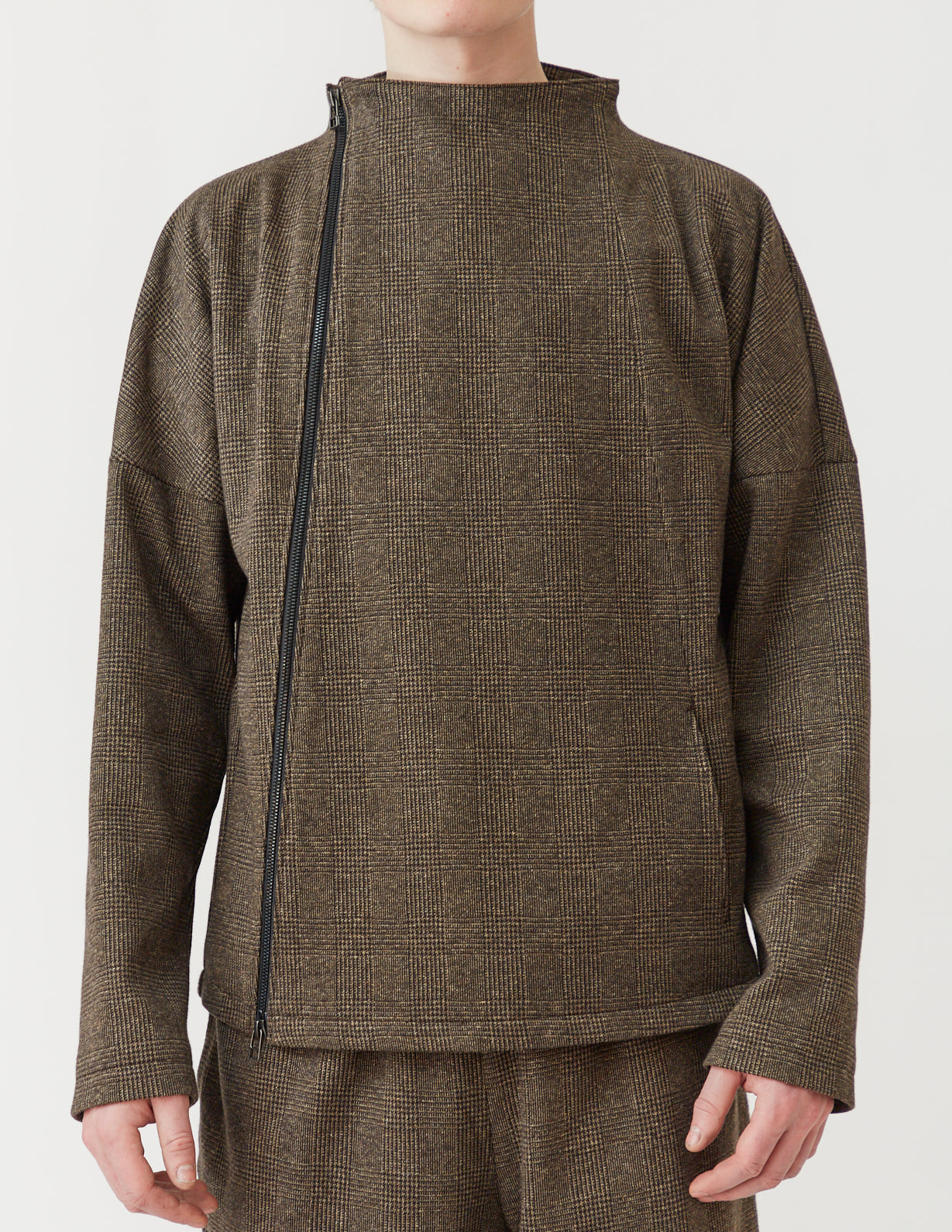 Asymmetry Zip Cardigan brown glen plaid