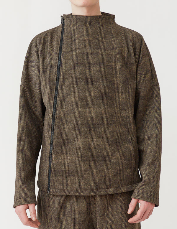 Asymmetry Zip Cardigan brown glen plaid