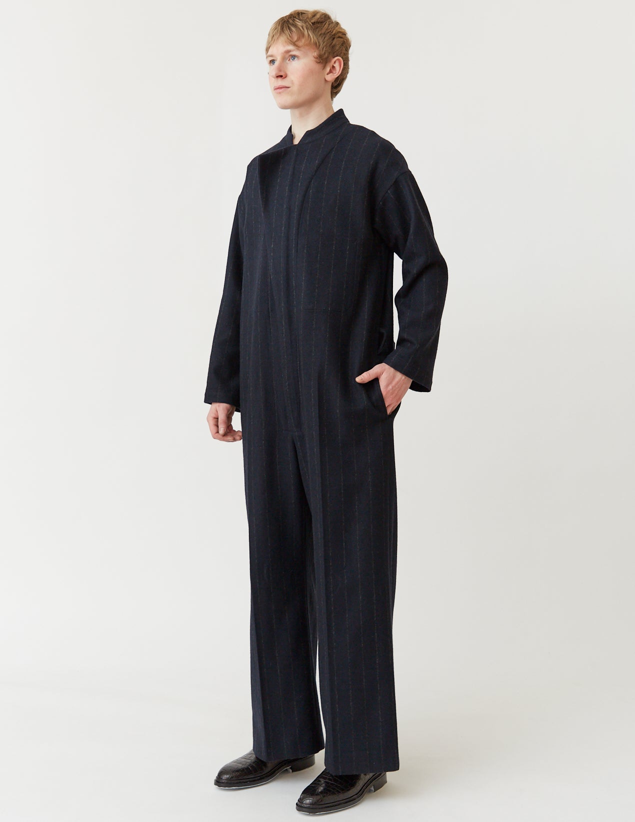FLY FRONT JUMPSUIT navy stripe
