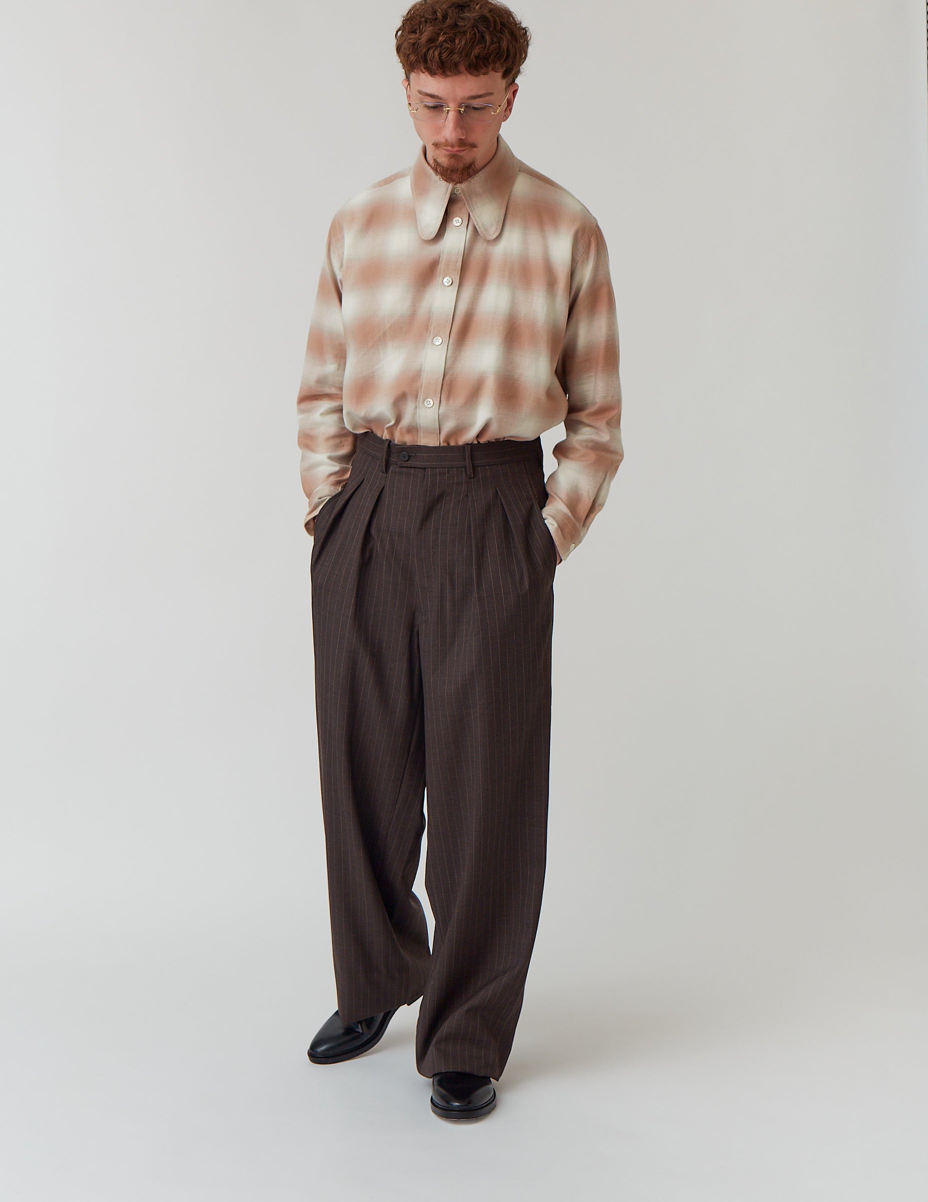 2-IN-TUCKED WIDE DRESS PANTS brown stripe