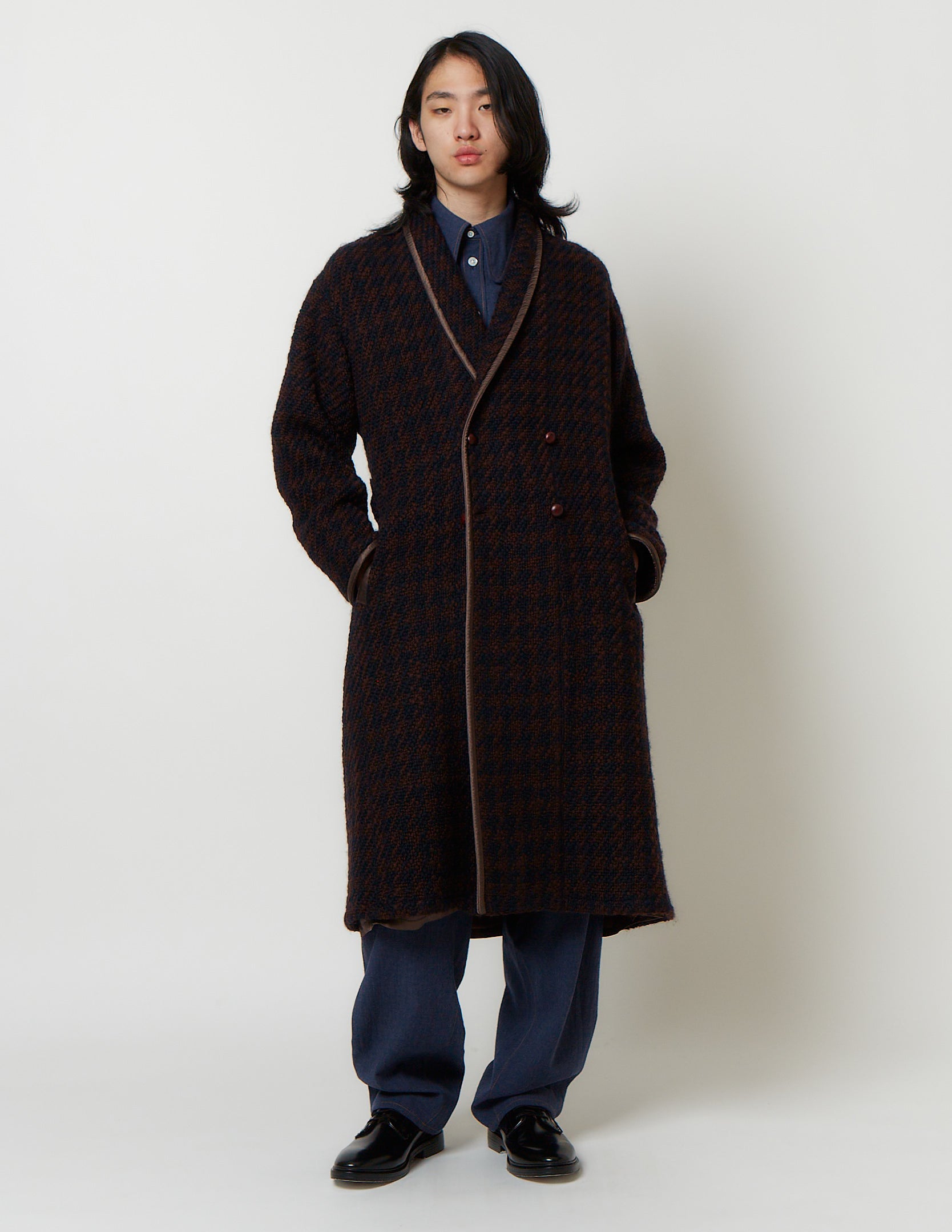 Shawl-Collar Trimming Long Coat bordeaux x navy