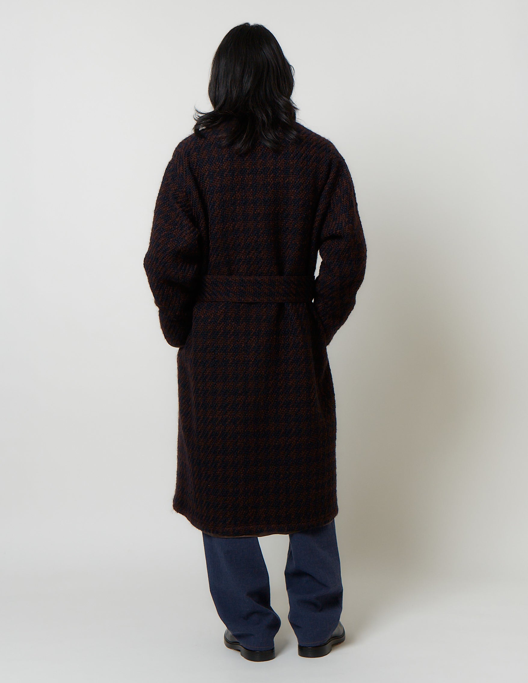Shawl-Collar Trimming Long Coat bordeaux x navy
