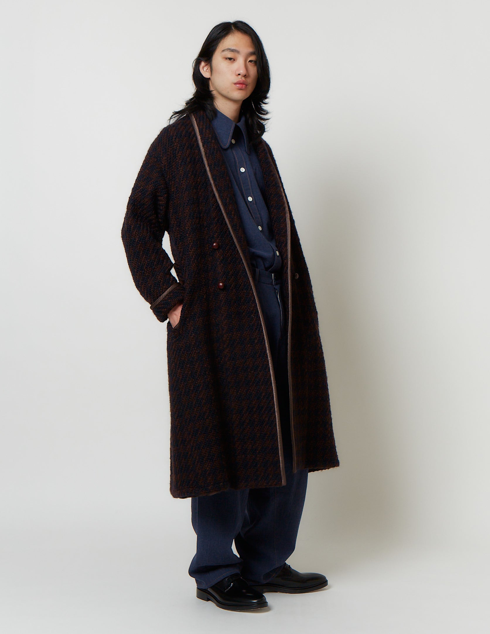 Shawl-Collar Trimming Long Coat bordeaux x navy