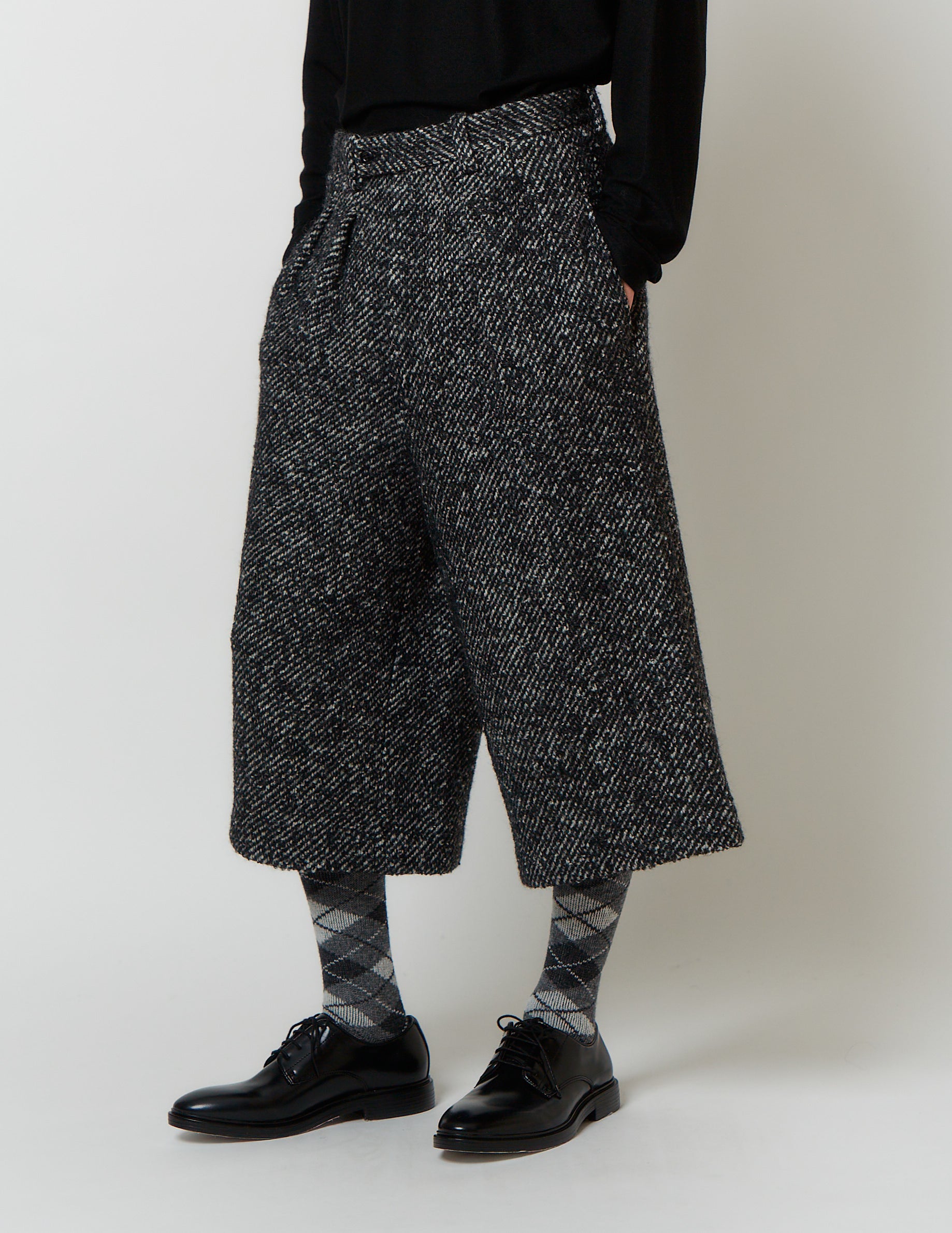 CROPPED 2-IN-TUCKED WIDE DRESS PANTS blk x wht tweed