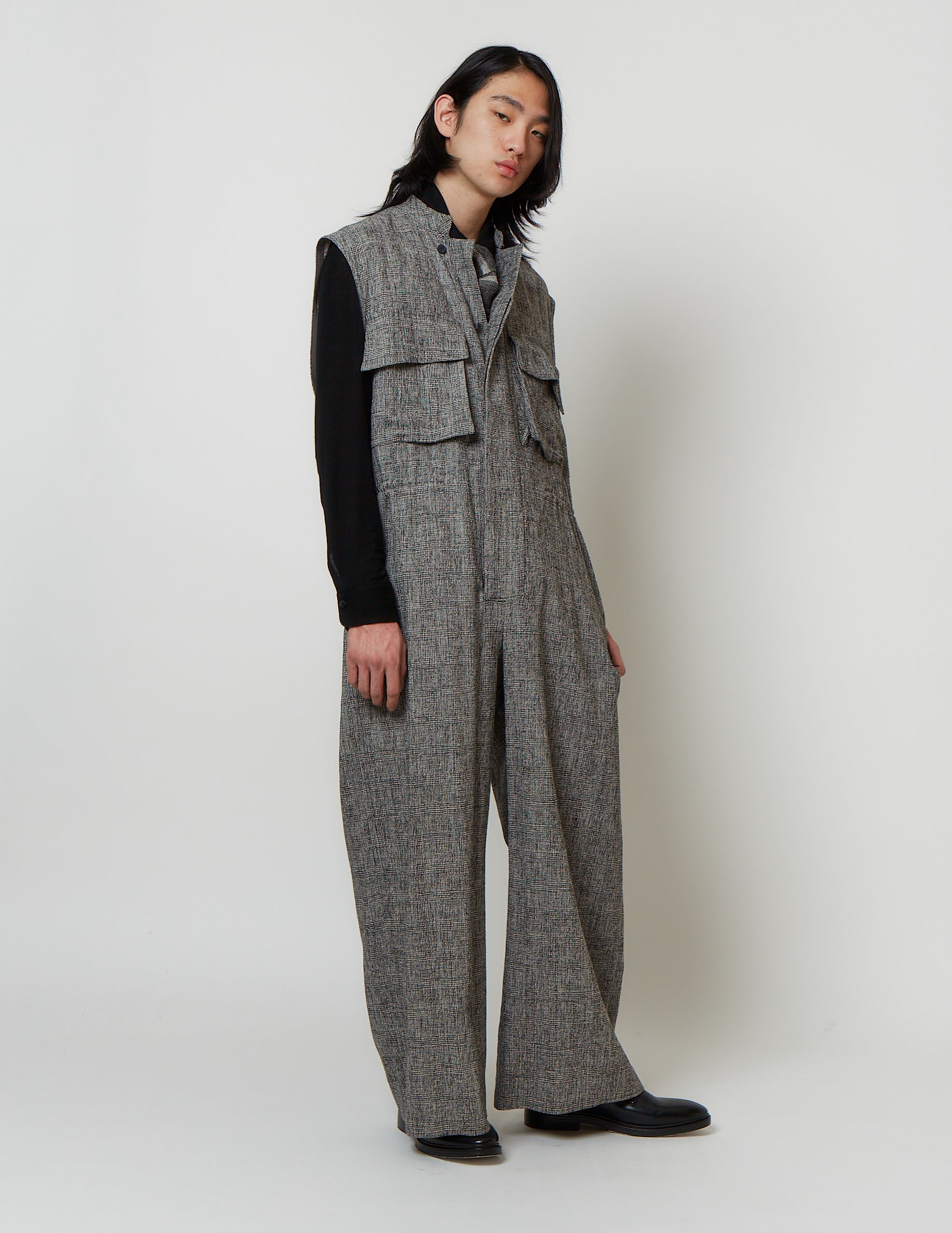 FLY FRONT NO SLEEVE JUMPSUIT glen check