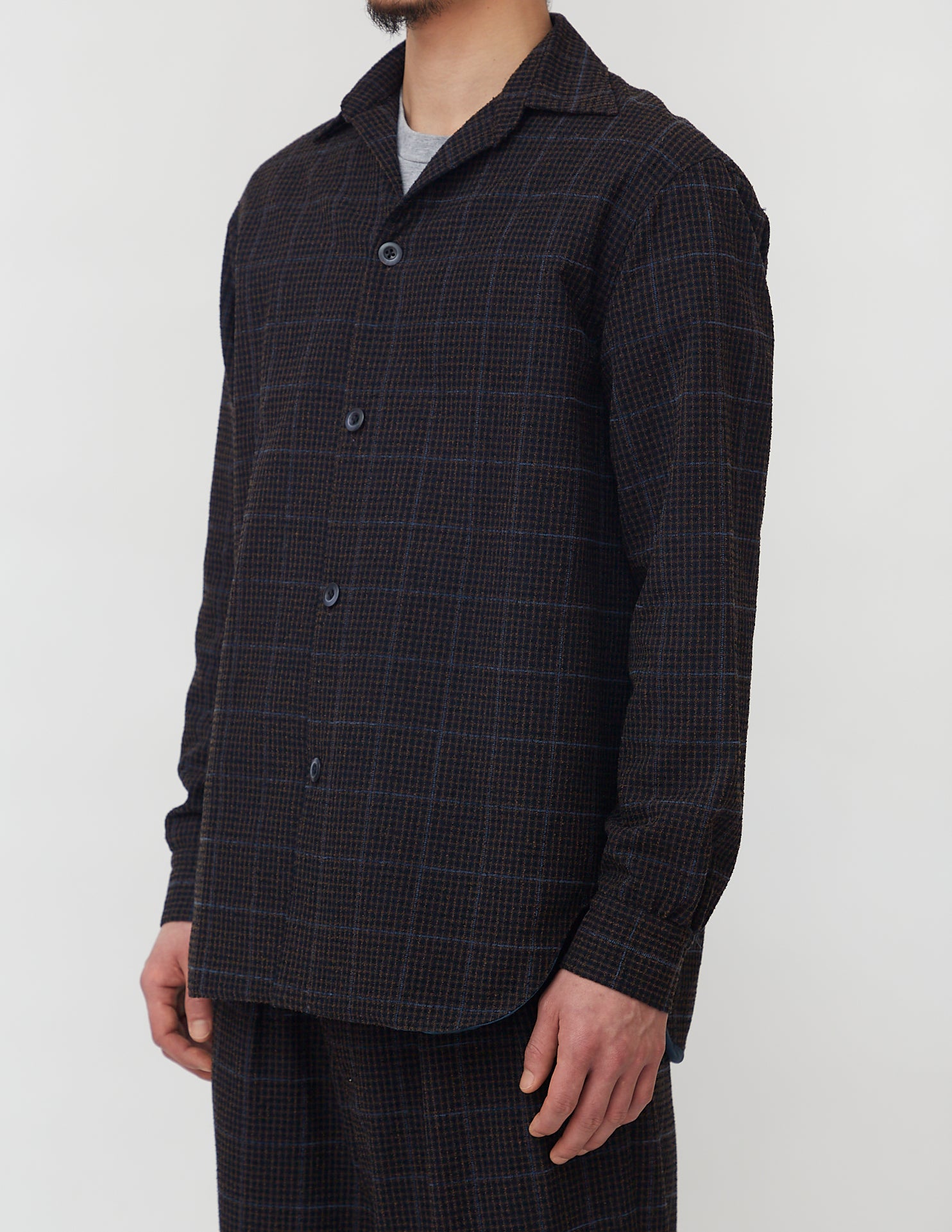 No Side Seam Fully-Lined Shirt navy x brown plaid