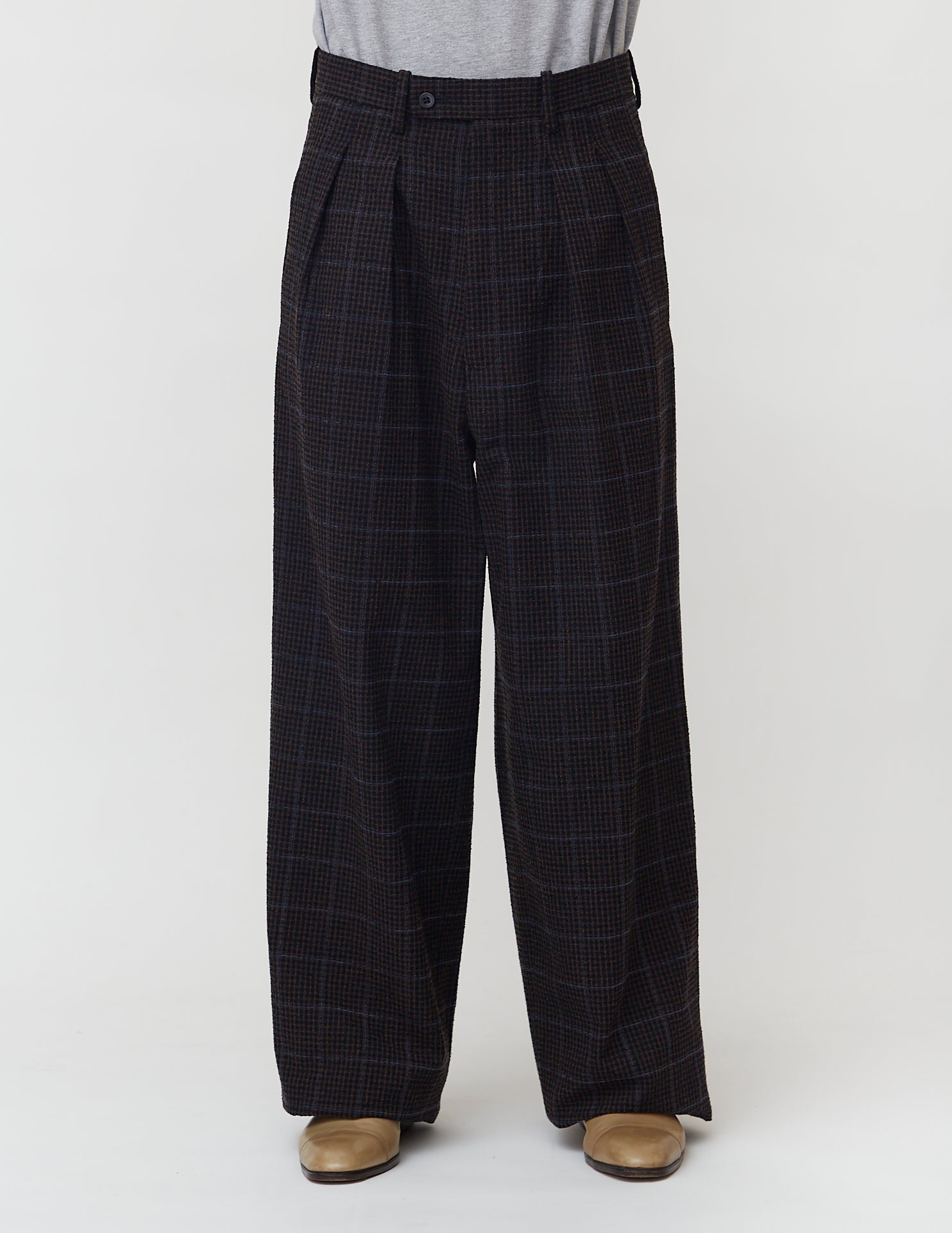 TUCKED WIDE PANTS navy x brown plaid – – m's braque